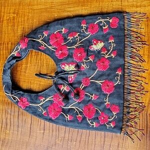 ANTHRO EMBROIDERED POPPY BEAD FRINGE BAG